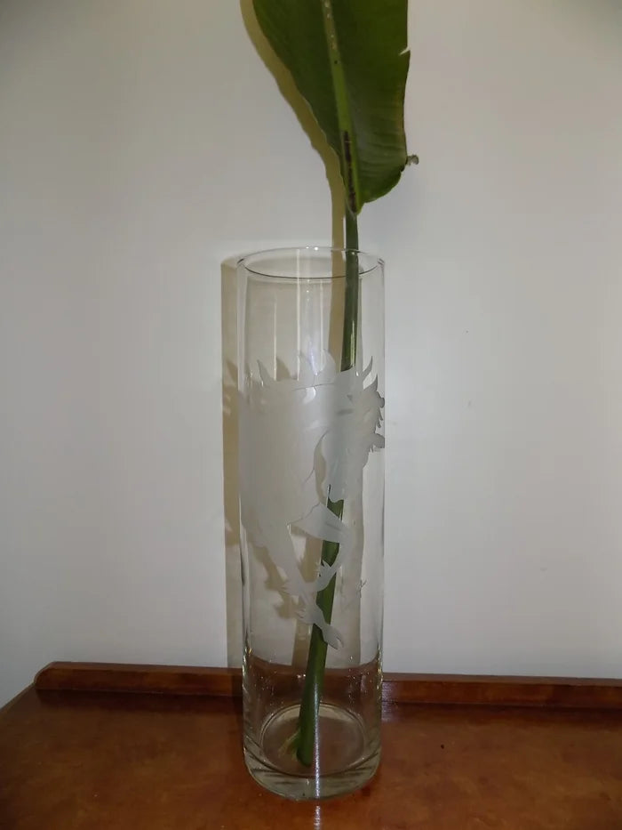 Vintage PERRY COYLE Art Glass 17 Inch Tall Vase with Etched Unicorn 1976-1995