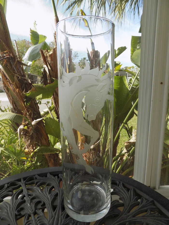 Vintage PERRY COYLE Art Glass 17 Inch Tall Vase with Etched Unicorn 1976-1995