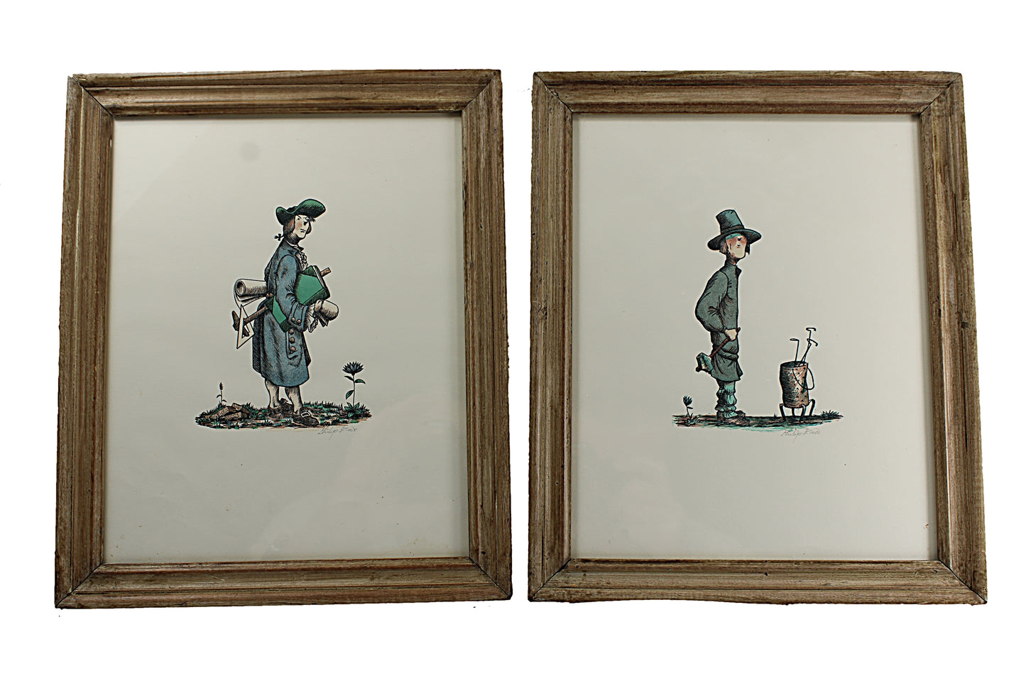 Vintage PAIR PHILIP REED Wood Engraving Prints, Pencil Signed Framed Originals