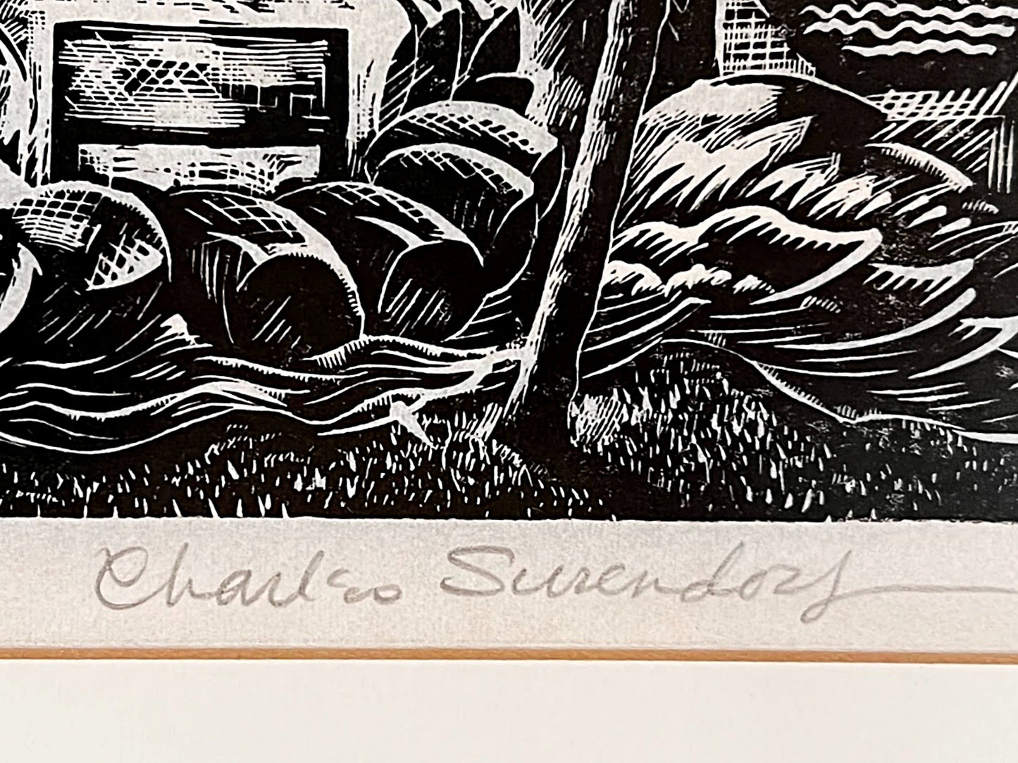 Vintage CHARLES SURENDORF Linocut Large Framed First Edition of Market in Patzcuaro, Mexico