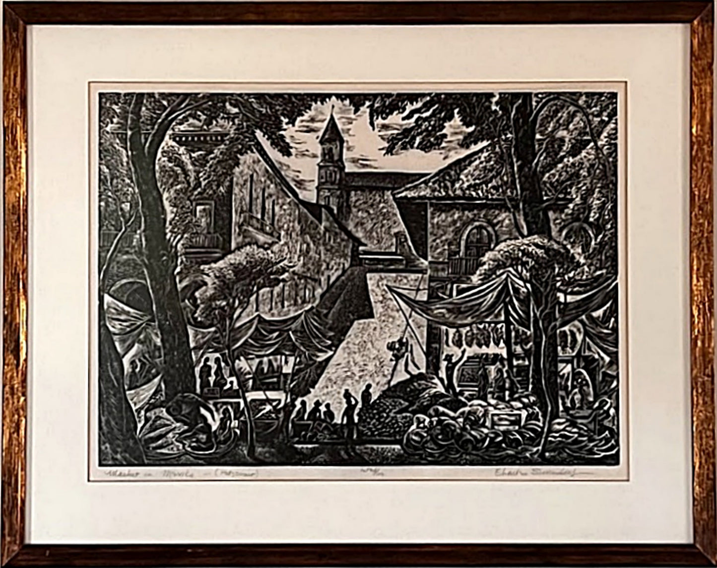 CHARLES SURENDORF Linocut Large Framed First Edition of Market in Patzcuaro, Mexico