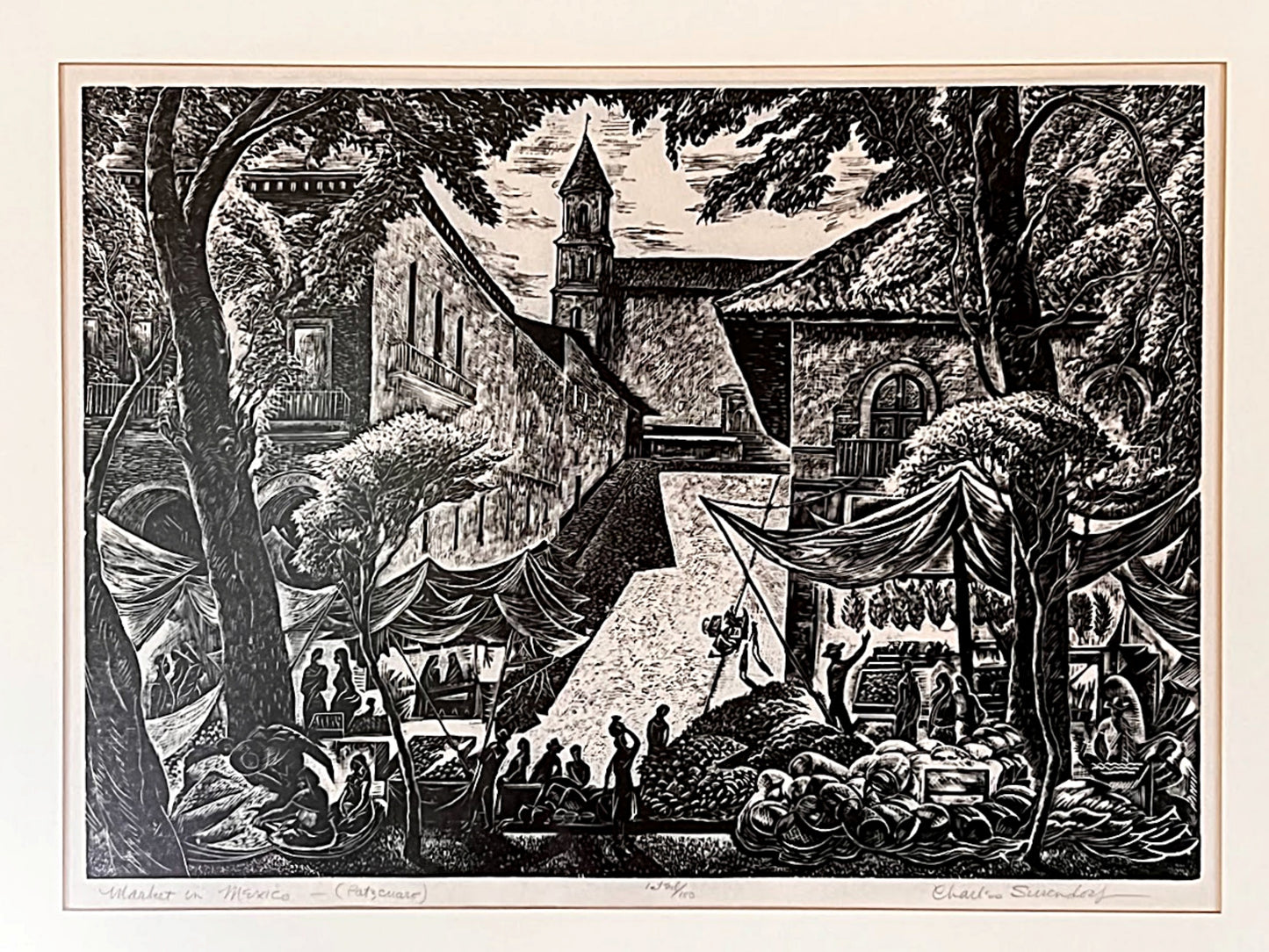 Vintage CHARLES SURENDORF Linocut Large Framed First Edition of Market in Patzcuaro, Mexico