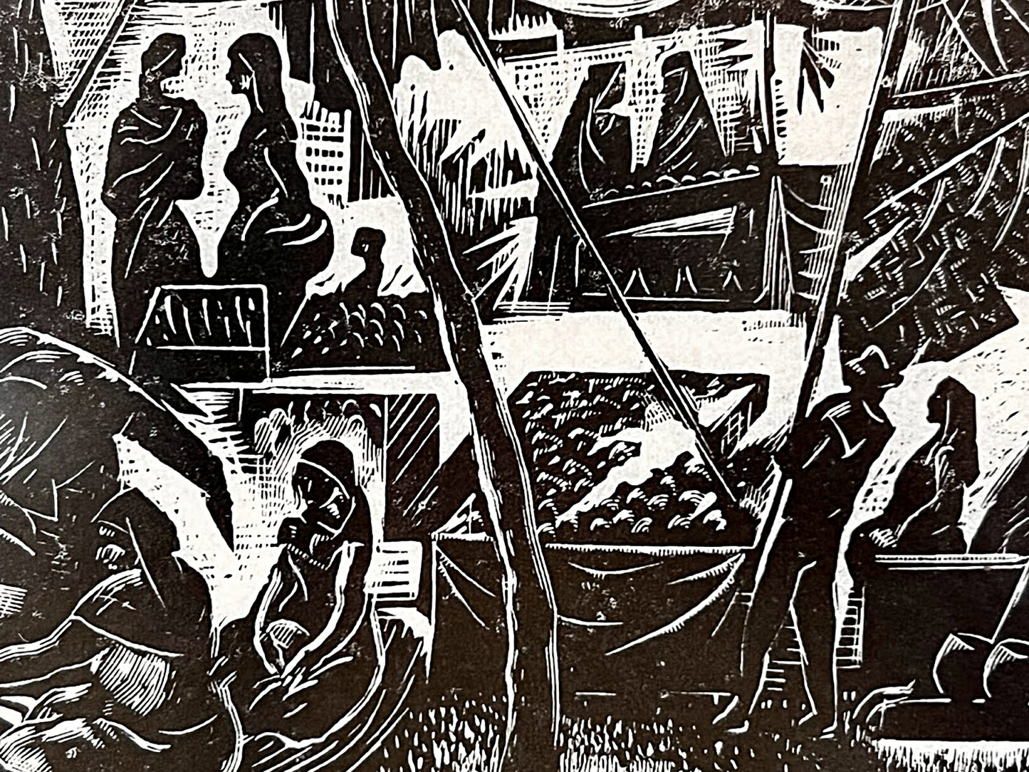 Vintage CHARLES SURENDORF Linocut Large Framed First Edition of Market in Patzcuaro, Mexico