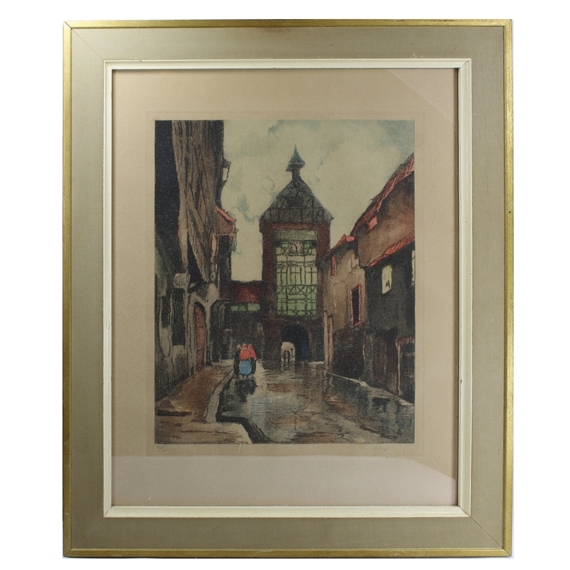 European Engraving Artist Signed Print Clock Tower
