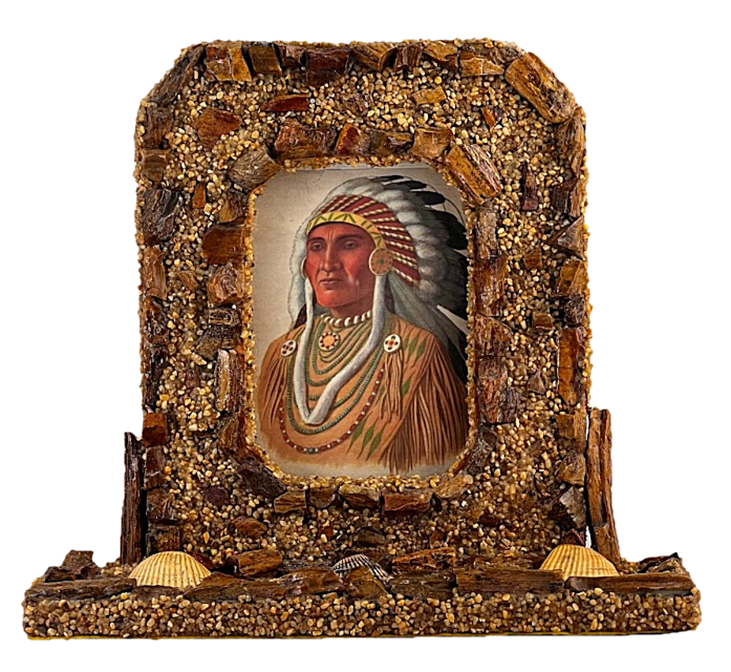 Antique FOLK ART Tabletop Picture Frame Large Rustic Handmade with Petrified Wood, Pebbles, Seashells