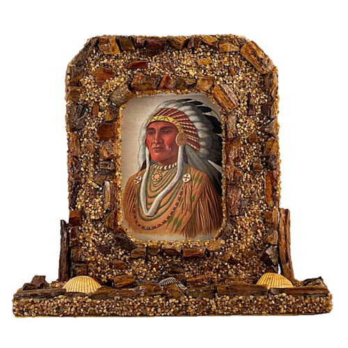 Antique FOLK ART Tabletop Picture Frame Large Rustic Handmade with Petrified Wood, Pebbles, Seashells