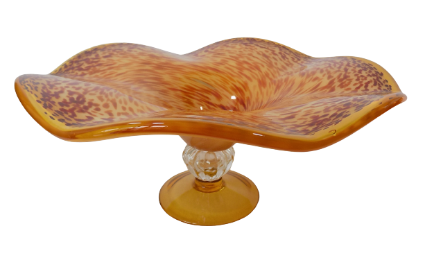 Italian Glass Pedestal Dish Hand Blown Orange Gold and Amber