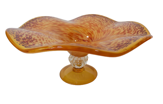 Italian Glass Pedestal Dish Hand Blown Orange Gold and Amber