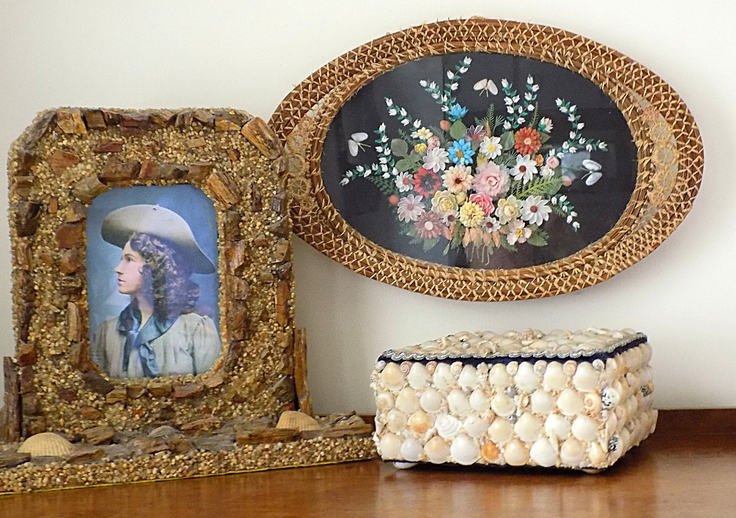 Antique FOLK ART Tabletop Picture Frame Large Rustic Handmade with Petrified Wood, Pebbles, Seashells
