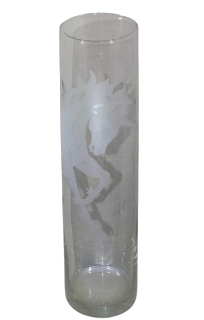 PERRY COYLE Art Glass 17 Inch Tall Vase with Etched Unicorn