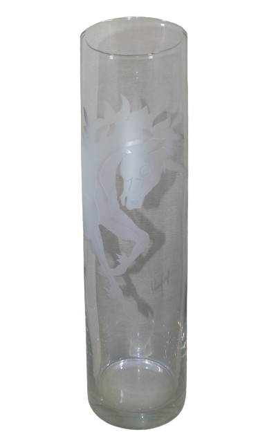 Vintage PERRY COYLE Art Glass 17 Inch Tall Vase with Etched Unicorn 1976-1995