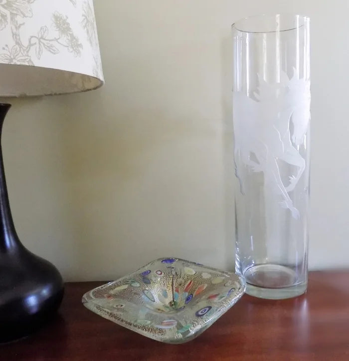 Vintage PERRY COYLE Art Glass 17 Inch Tall Vase with Etched Unicorn 1976-1995