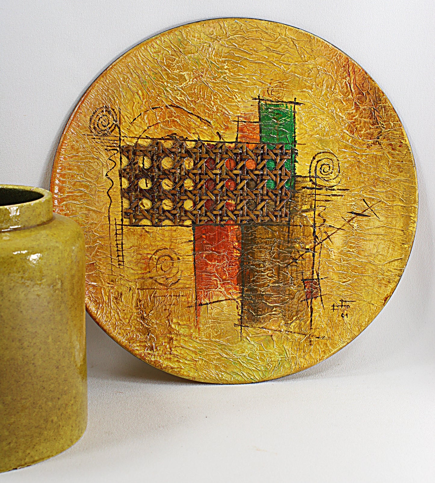 Vintage PORTUGUESE Art Pottery Wall Plate by Artist FRANCA FILHO Mixed Media Modern Ceramic Dish Signed and Dated