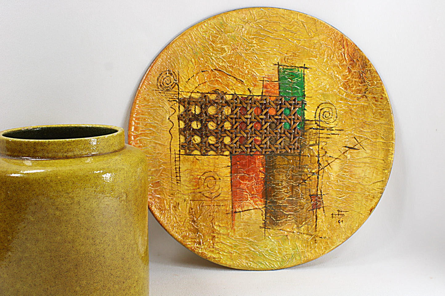 Vintage PORTUGUESE Art Pottery Wall Plate by Artist FRANCA FILHO Mixed Media Modern Ceramic Dish Signed and Dated