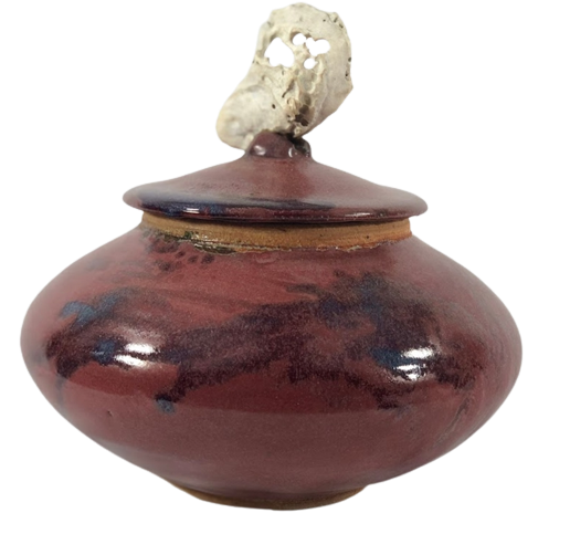 ART POTTERY Lidded BOWL Oyster Shell Handle Signed Studio Stoneware