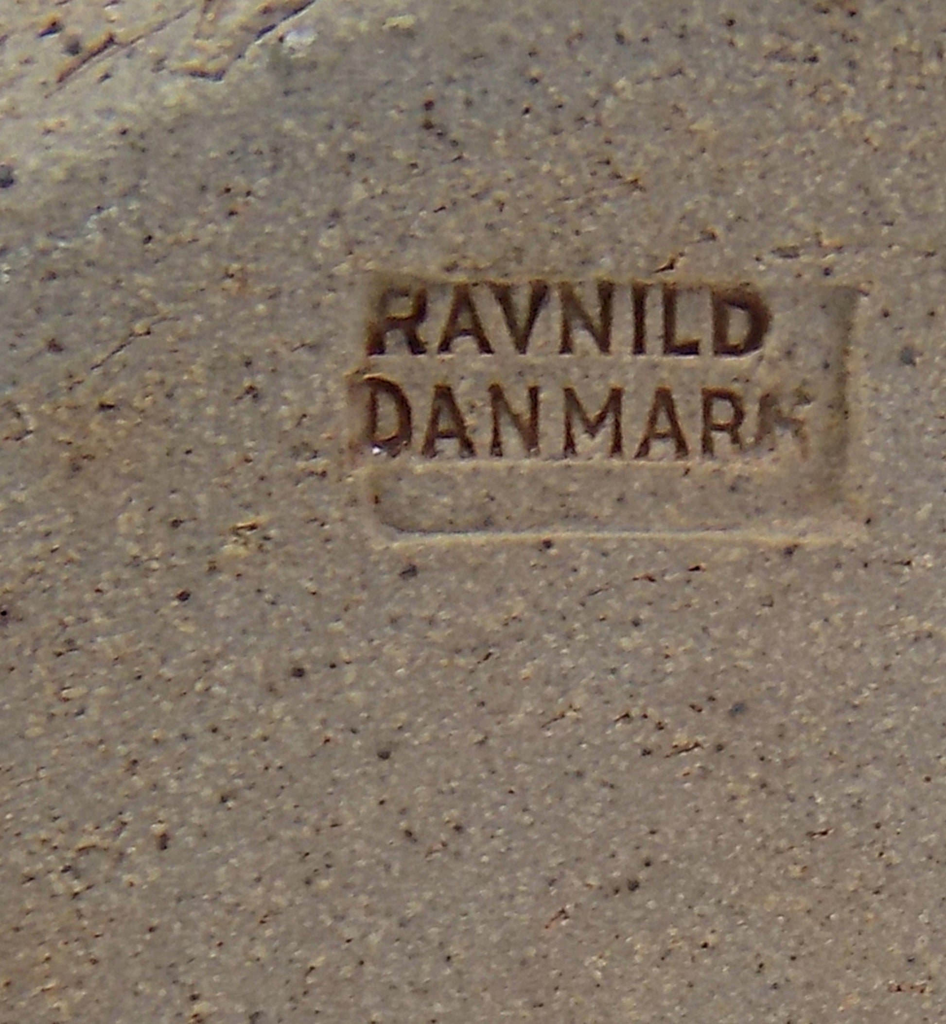 Vintage Danish Modern Pottery Pitcher by RAVNILD KERAMIK 1970s makers mark closeup