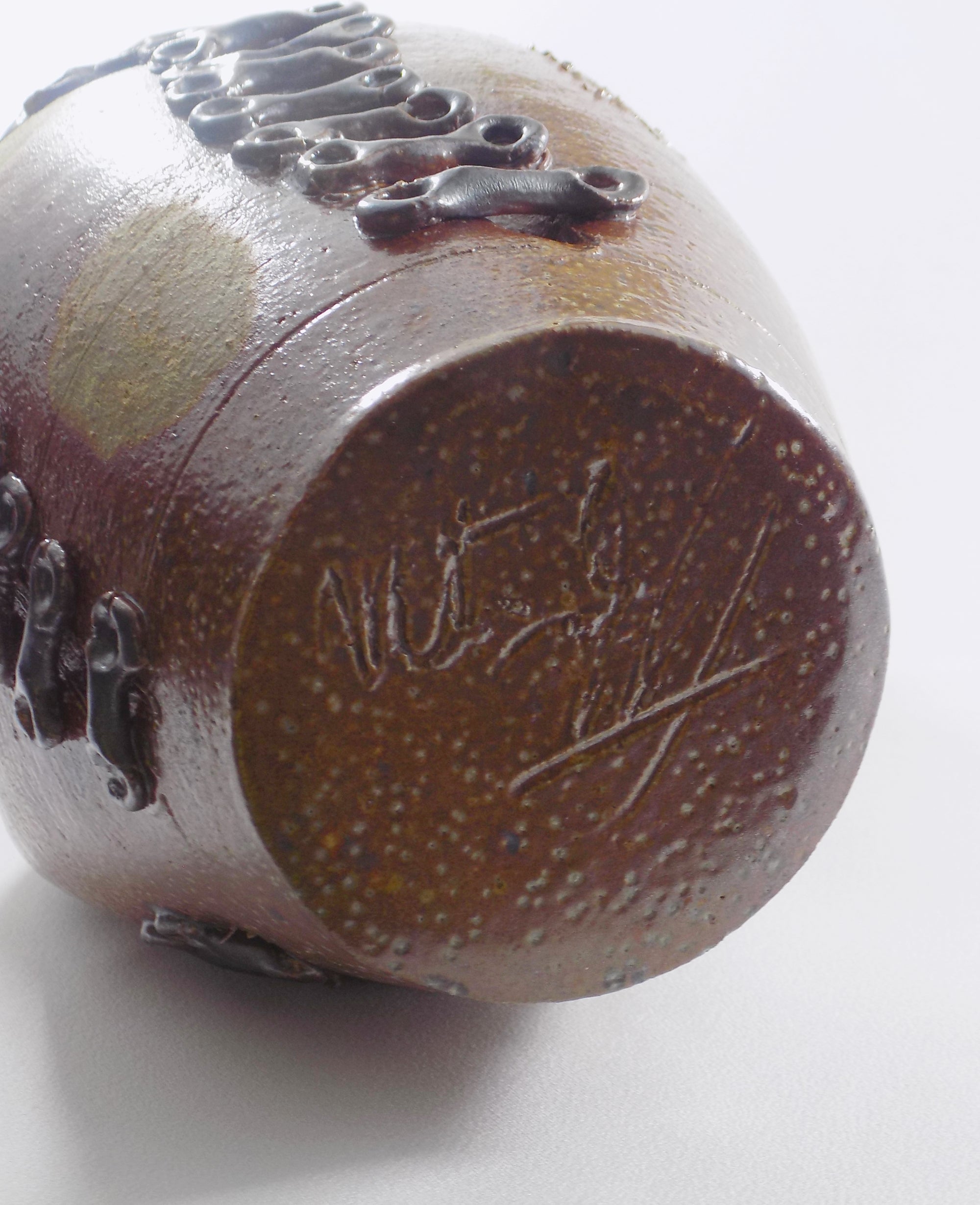 Vintage BRUTALIST BOTTLE VASE Signed Sculptural Studio Stoneware                Tall Heavy Hand Made Vessel