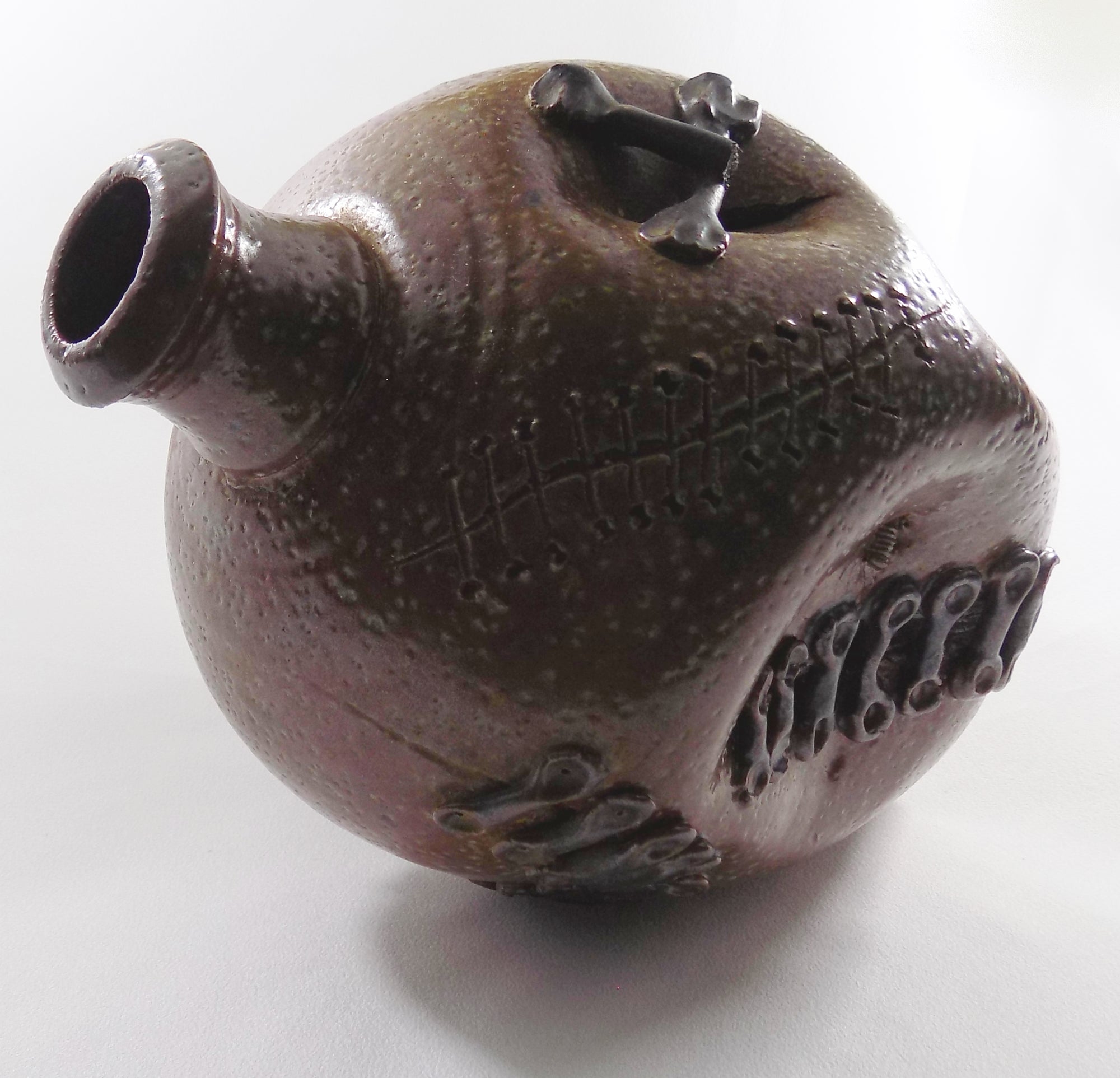 Vintage BRUTALIST BOTTLE VASE Signed Sculptural Studio Stoneware                Tall Heavy Hand Made Vessel