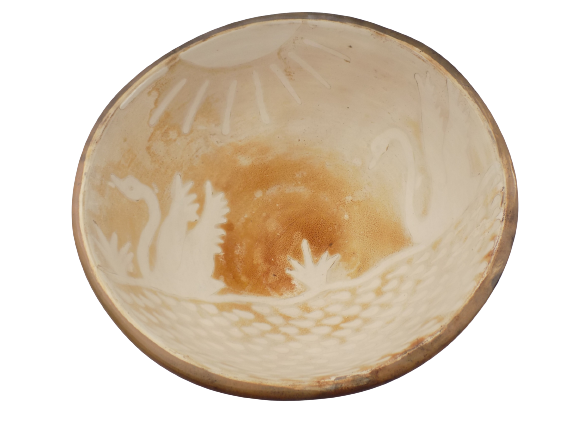Chulucanas Peru Pottery Bowl by GABINO MONCADO Signed Hand Painted Sun and Swans