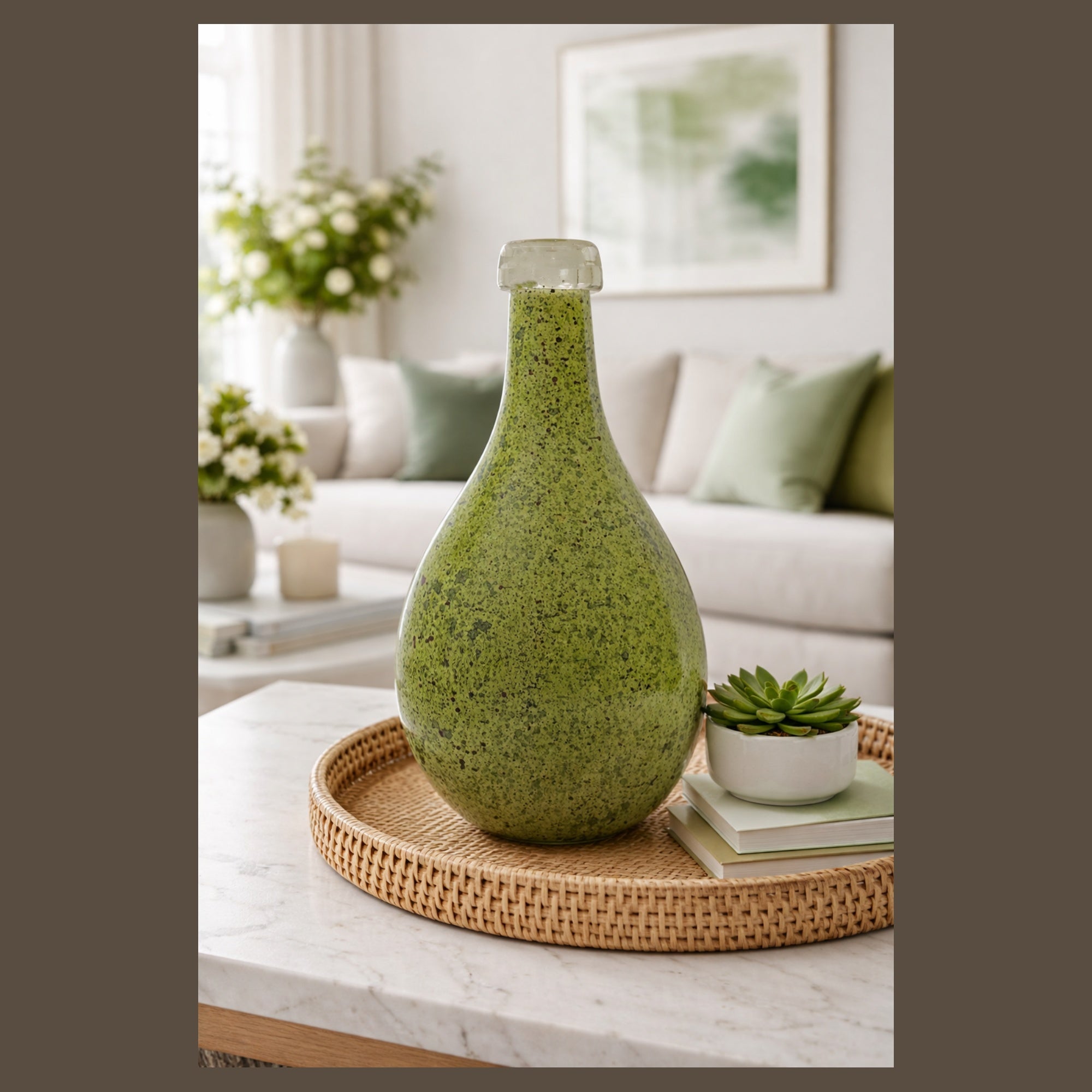 Tall Modern Green Art Glass Handblown Bottle