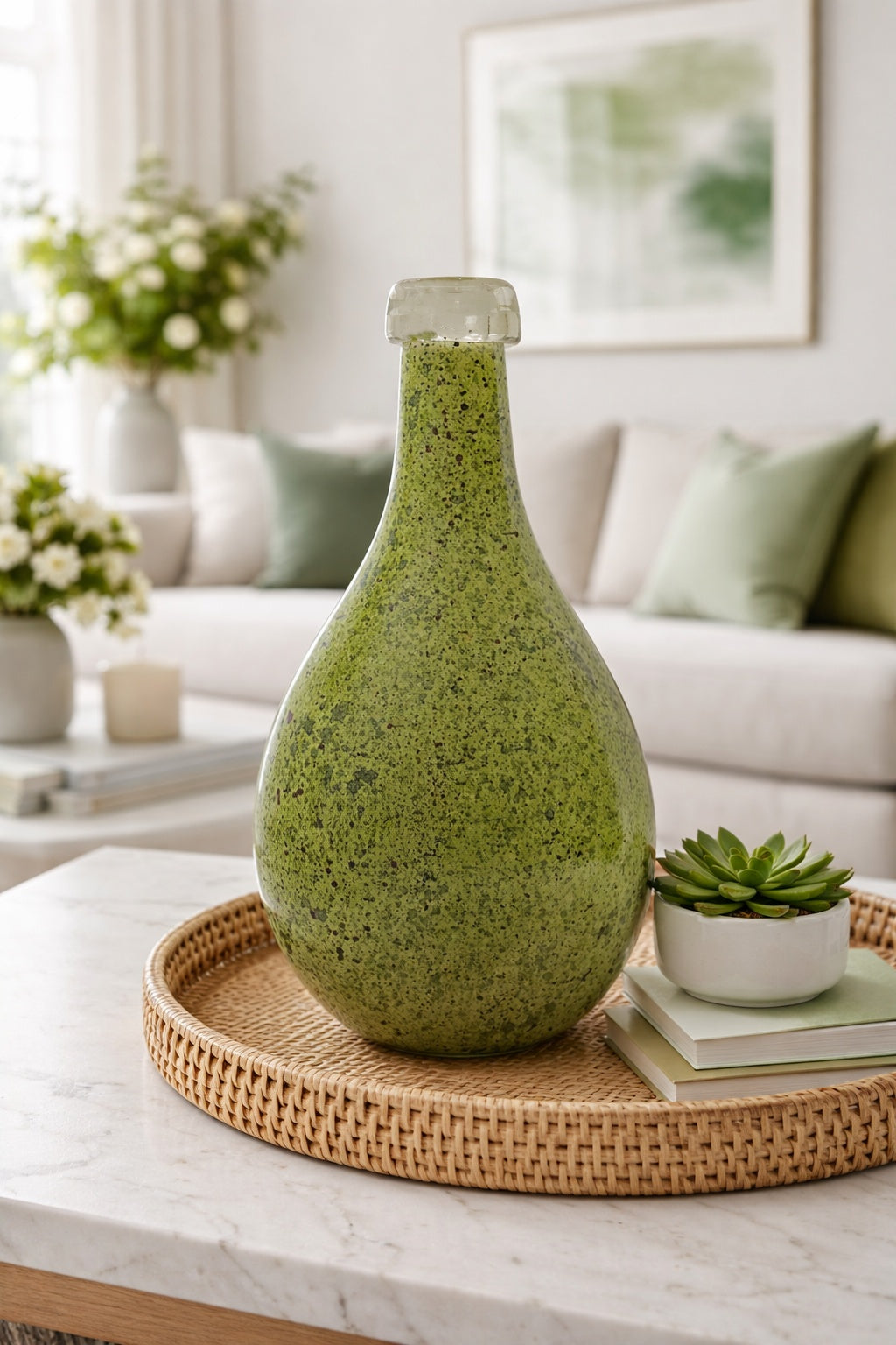 Tall Modern Green Art Glass Handblown Bottle