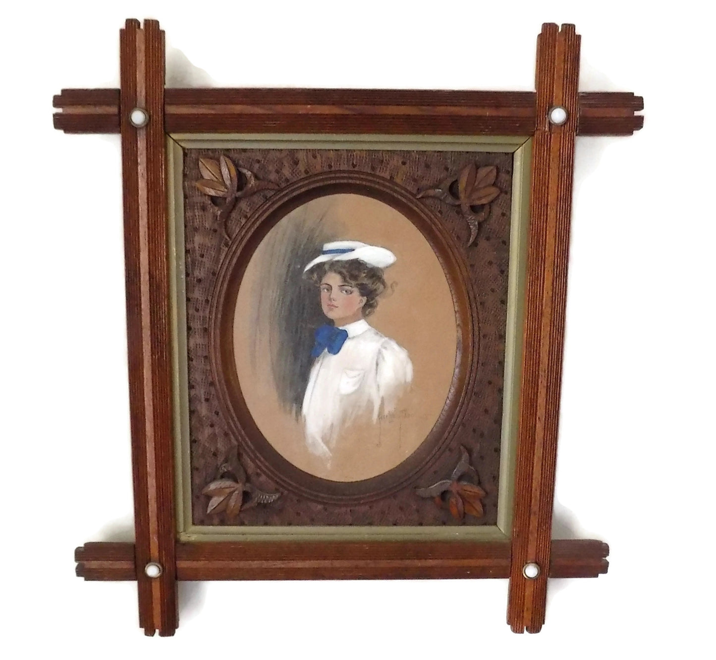 Antique Painted Gibson Girl Lithograph by Alice Luella Fidler 1906 Cross Corners Frame
