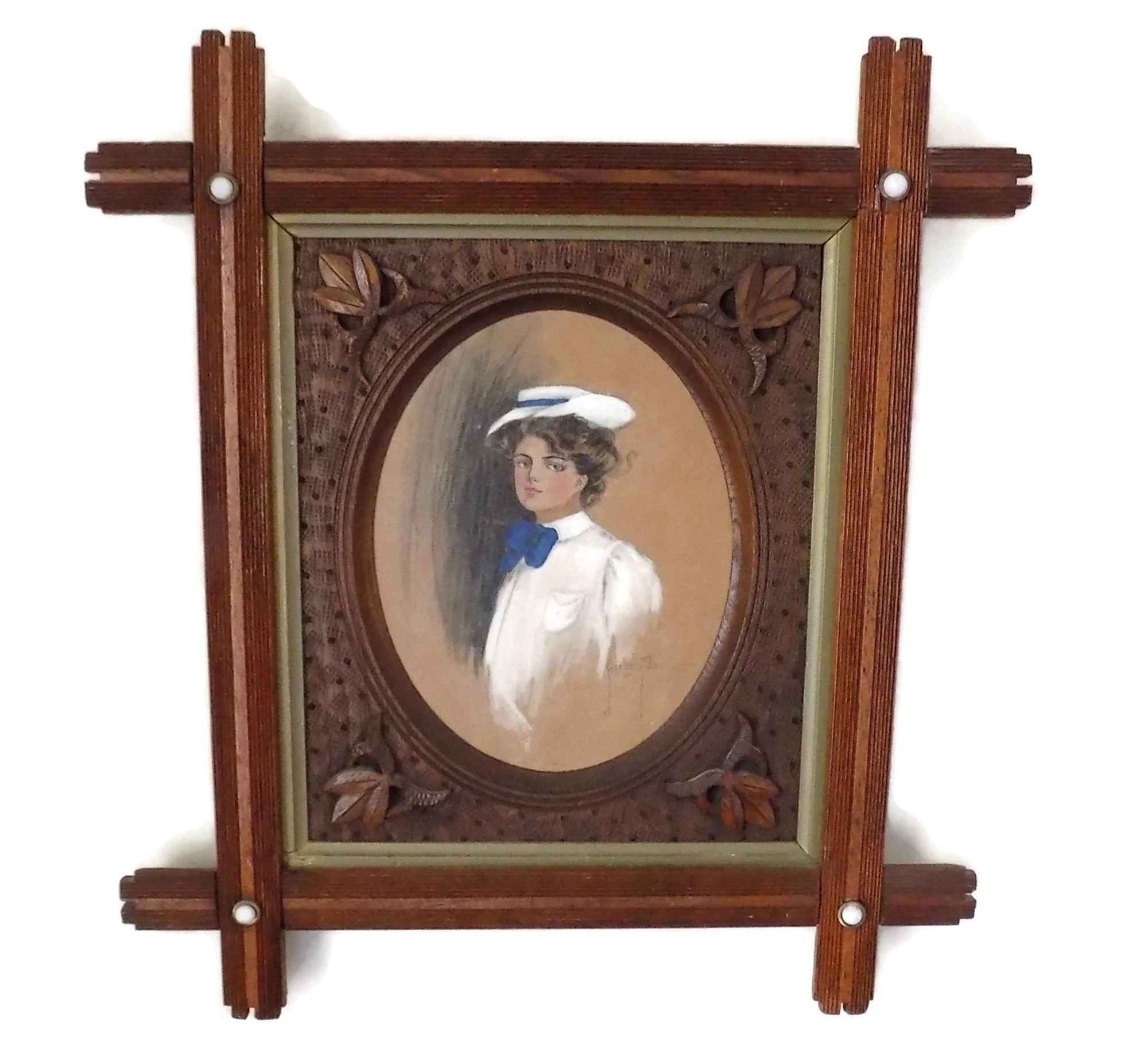 Antique Painted Gibson Girl Lithograph by Alice Luella Fidler 1906 Cross Corners Frame