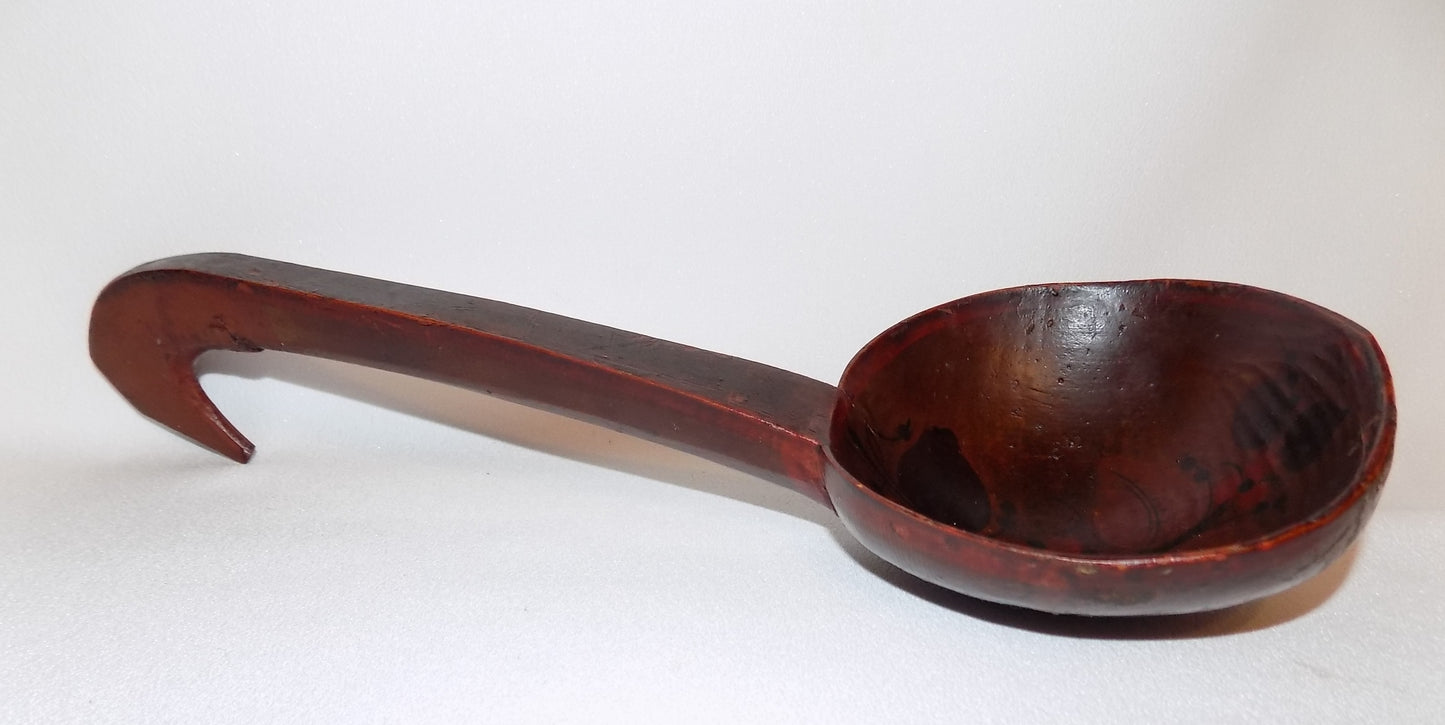 Antique LADLE, PAINTED and CARVED Wood, Bird's Head Handle, 1800s      -- Folk Art Designs, Old Red Paint, 12.5 Inches Long, Fine Condition