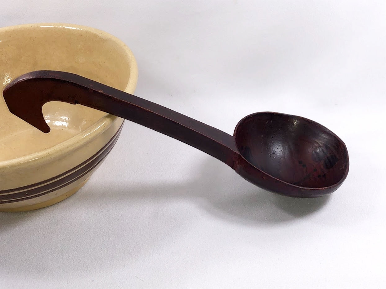 Antique LADLE, PAINTED and CARVED Wood, Bird's Head Handle, 1800s      -- Folk Art Designs, Old Red Paint, 12.5 Inches Long, Fine Condition