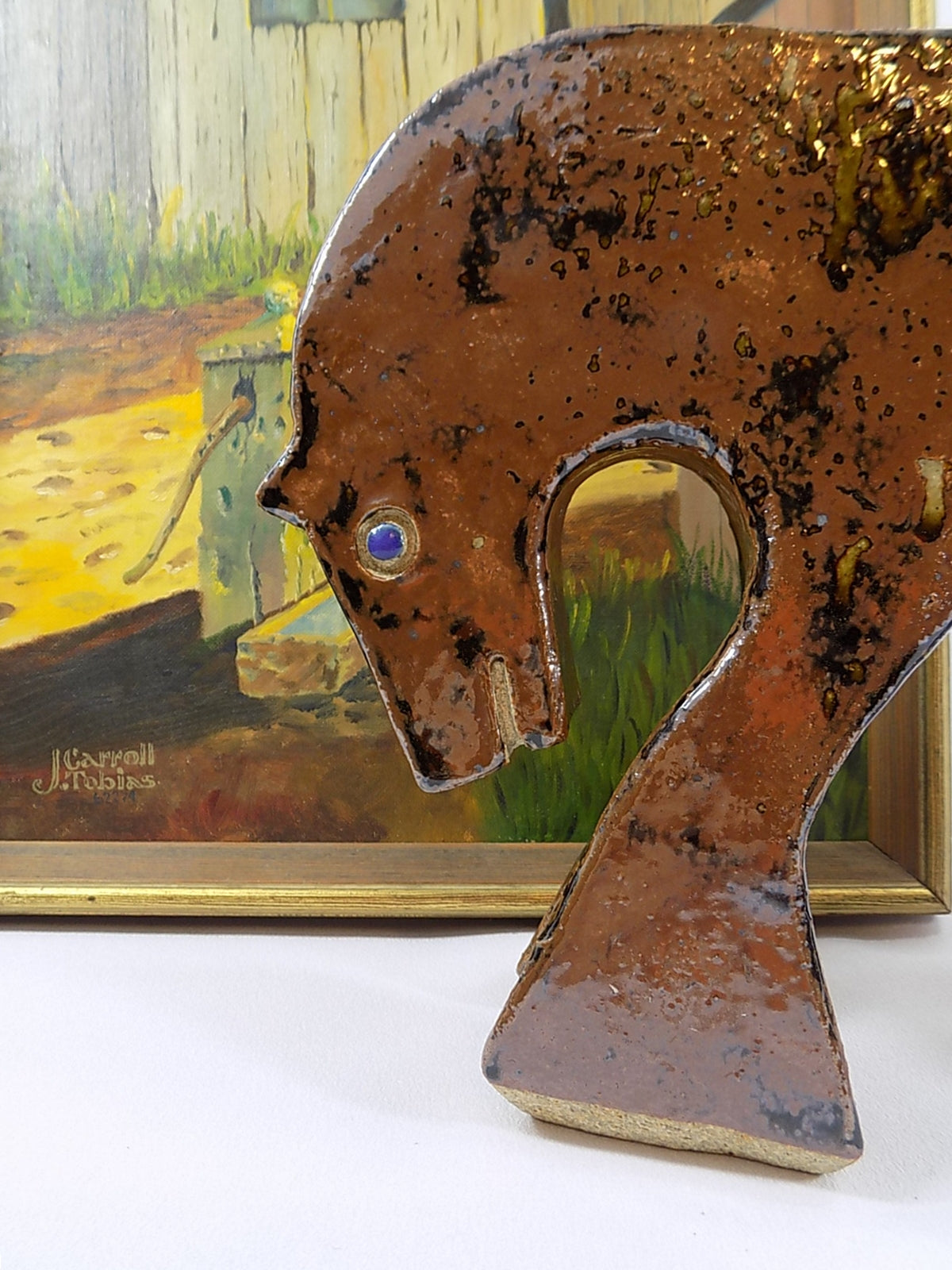 Vintage HUGE POTTERY SCULPTURE Modern Horse Signed Hand Made Studio Stoneware
