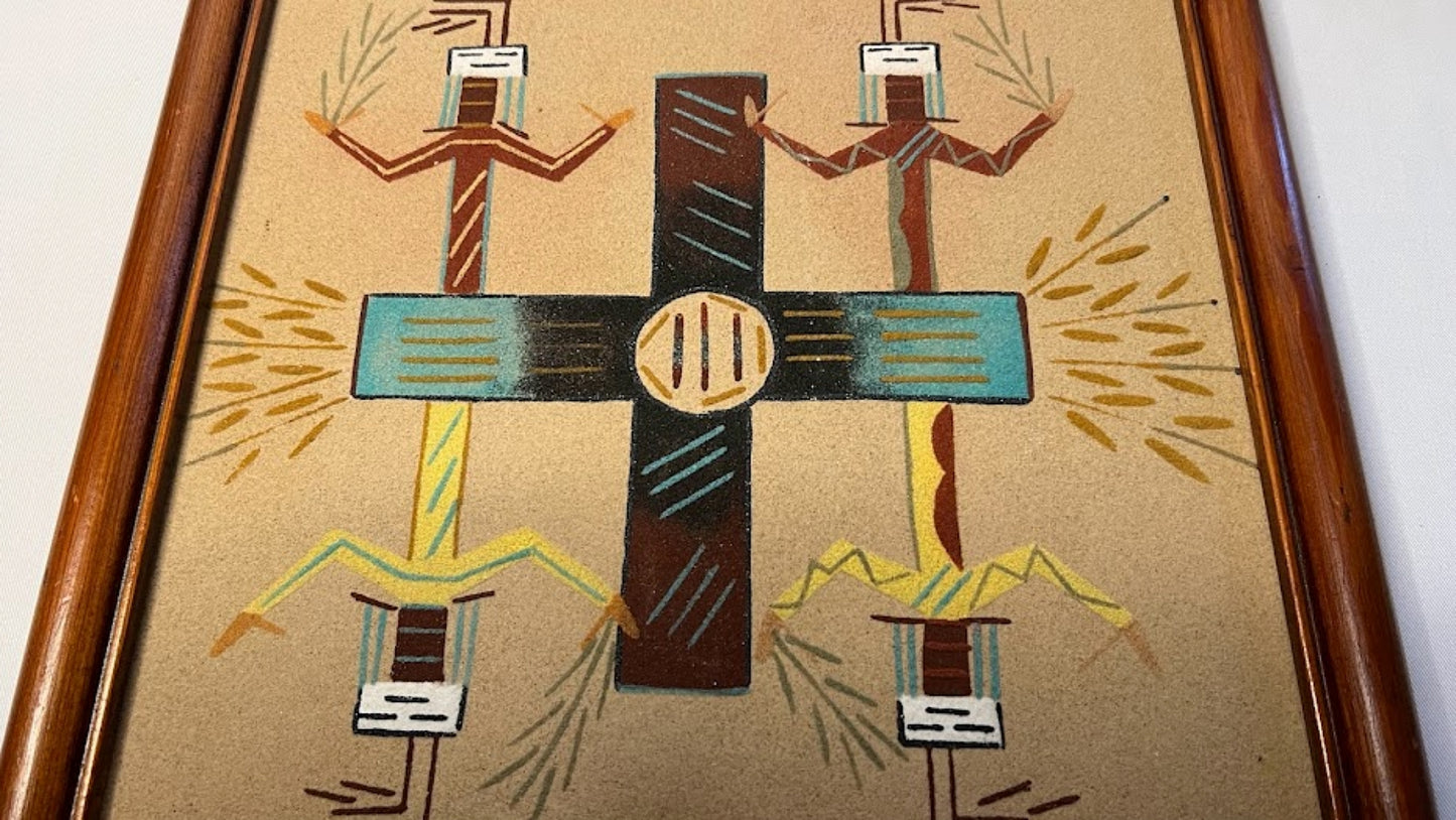 Vintage NAVAJO SAND PAINTING Large Framed Signed Native American Art