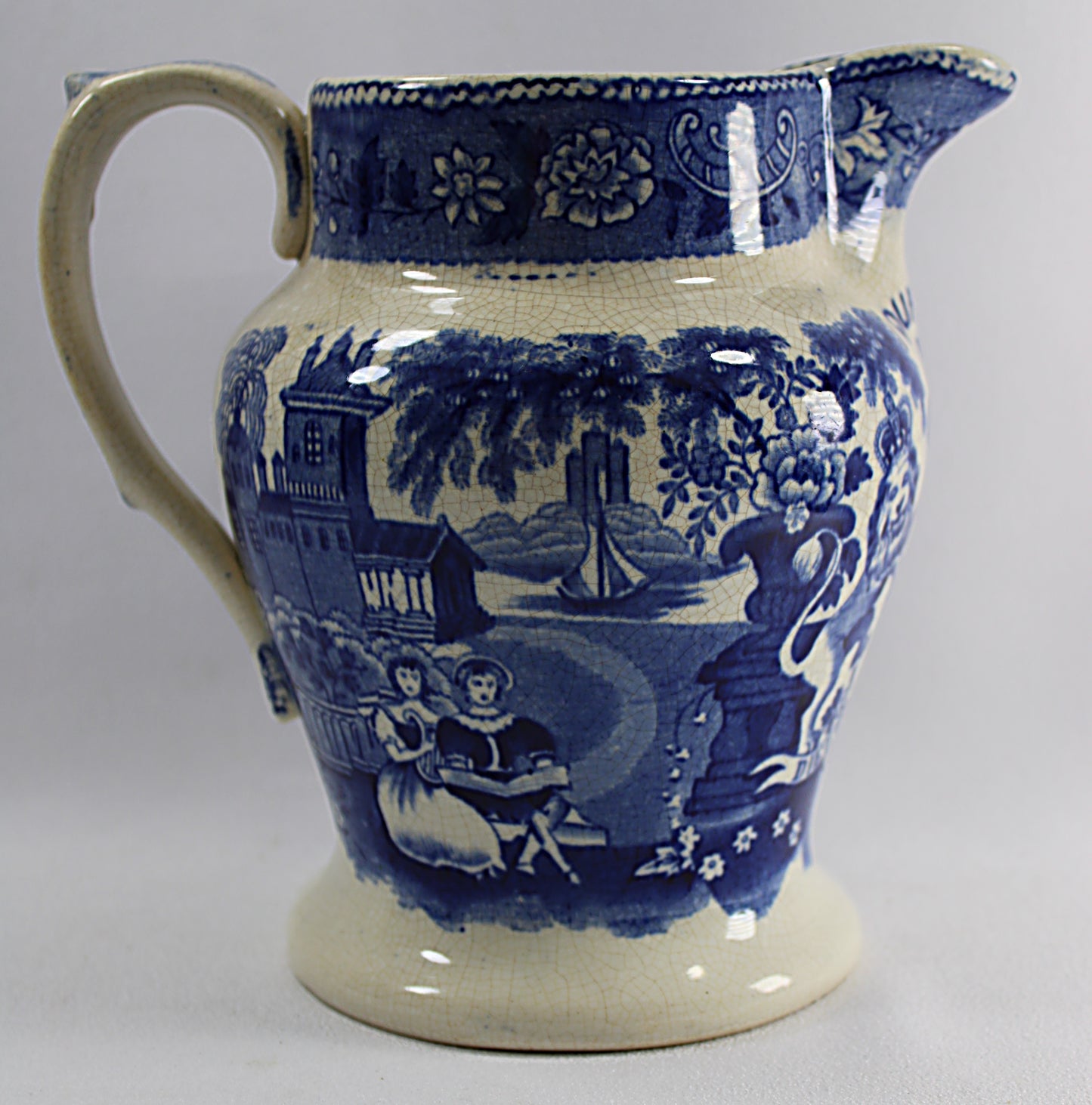 ANTIQUE English Transferware Pottery Jug Imperial Quart 1820-1830s