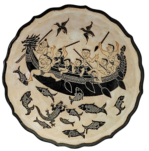  CHINESE Porcelain Bowl Incised Dragon Boat Motif Chop Mark and Signature