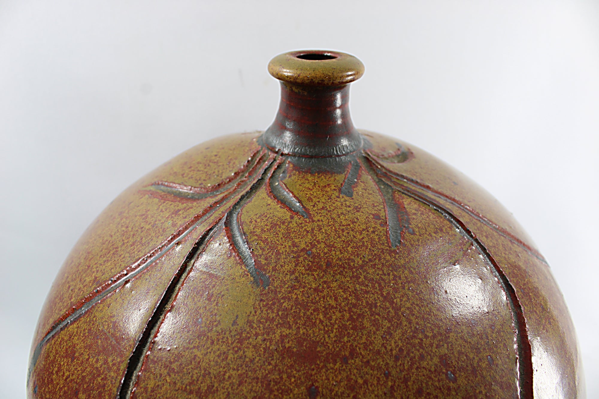 Vintage XL Modern Weed Pot Carved Art Pottery Signed Stearns