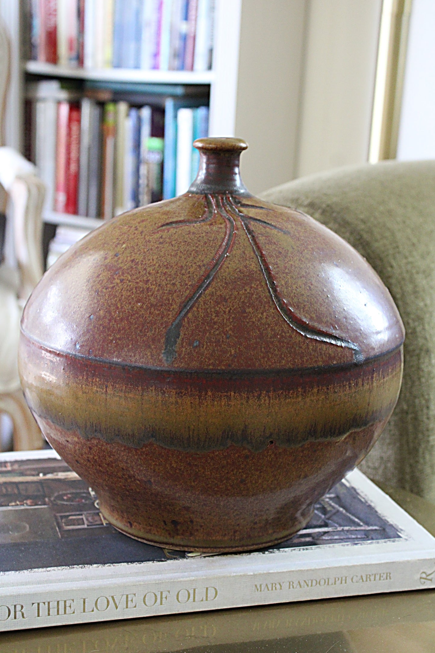 Vintage XL Modern Weed Pot Carved Art Pottery Signed Stearns
