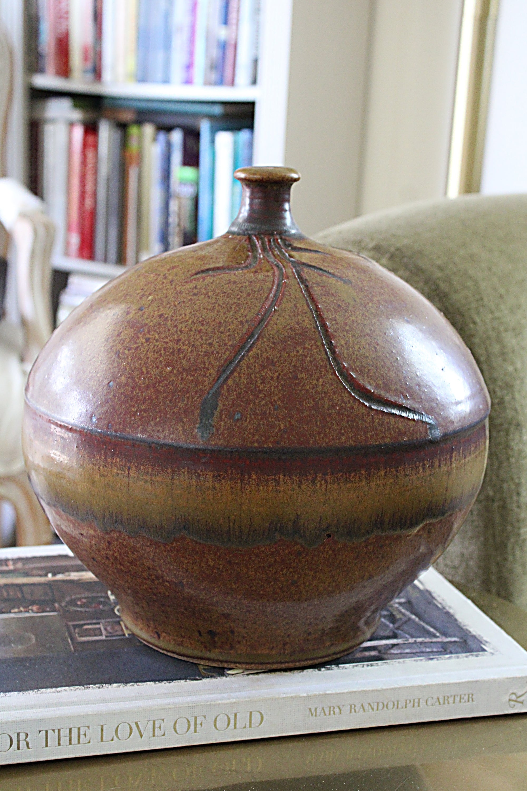 Vintage XL Modern Weed Pot Carved Art Pottery Signed Stearns