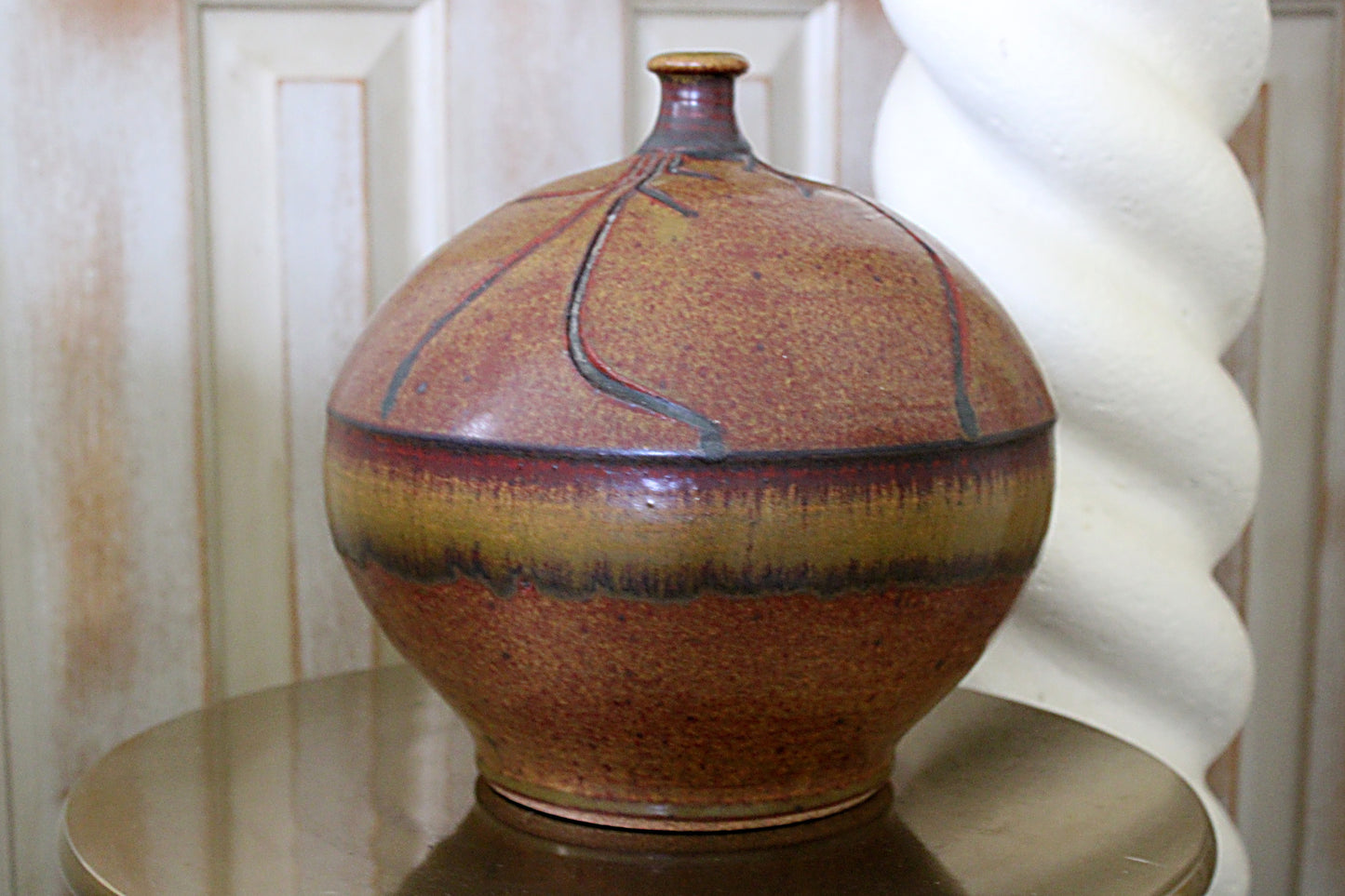 Vintage XL Modern Weed Pot Carved Art Pottery Signed Stearns