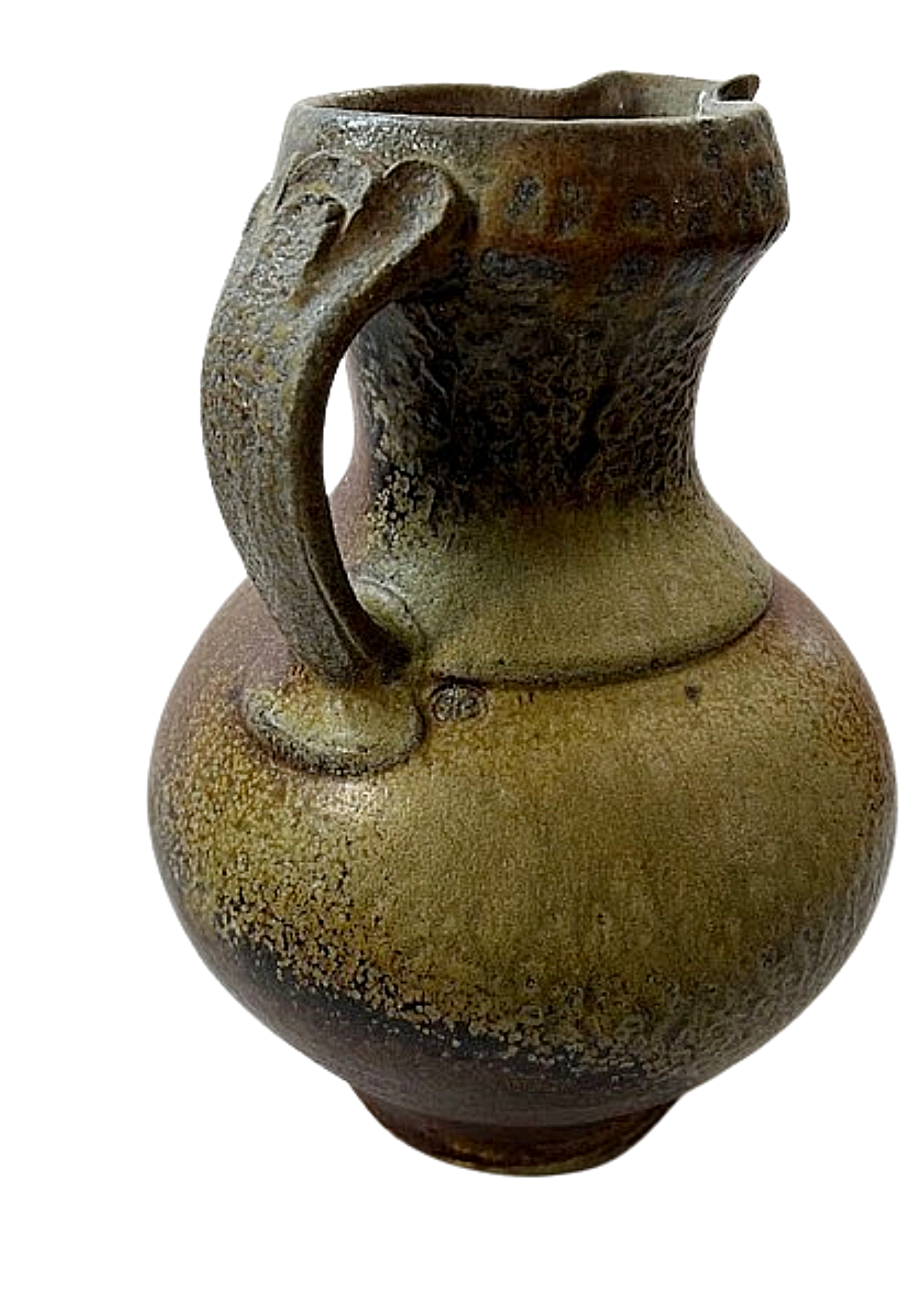 Vintage Studio Pottery Pitcher Salt and Ash Glazes Artist Monogrammed green side