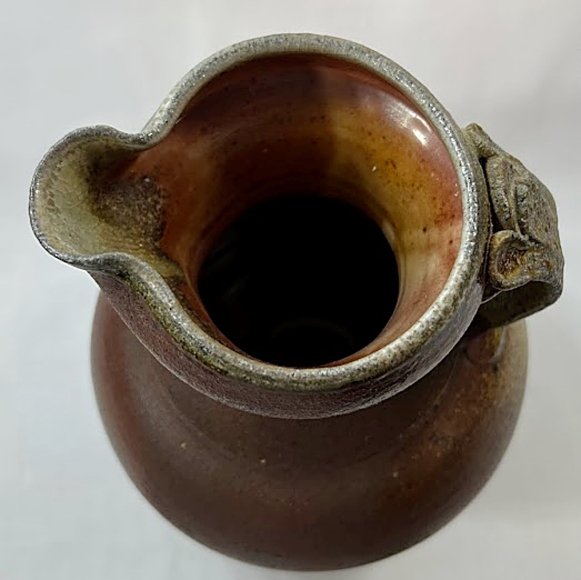 Vintage Studio Pottery Pitcher Salt and Ash Glazes Artist Monogrammed rim inside view