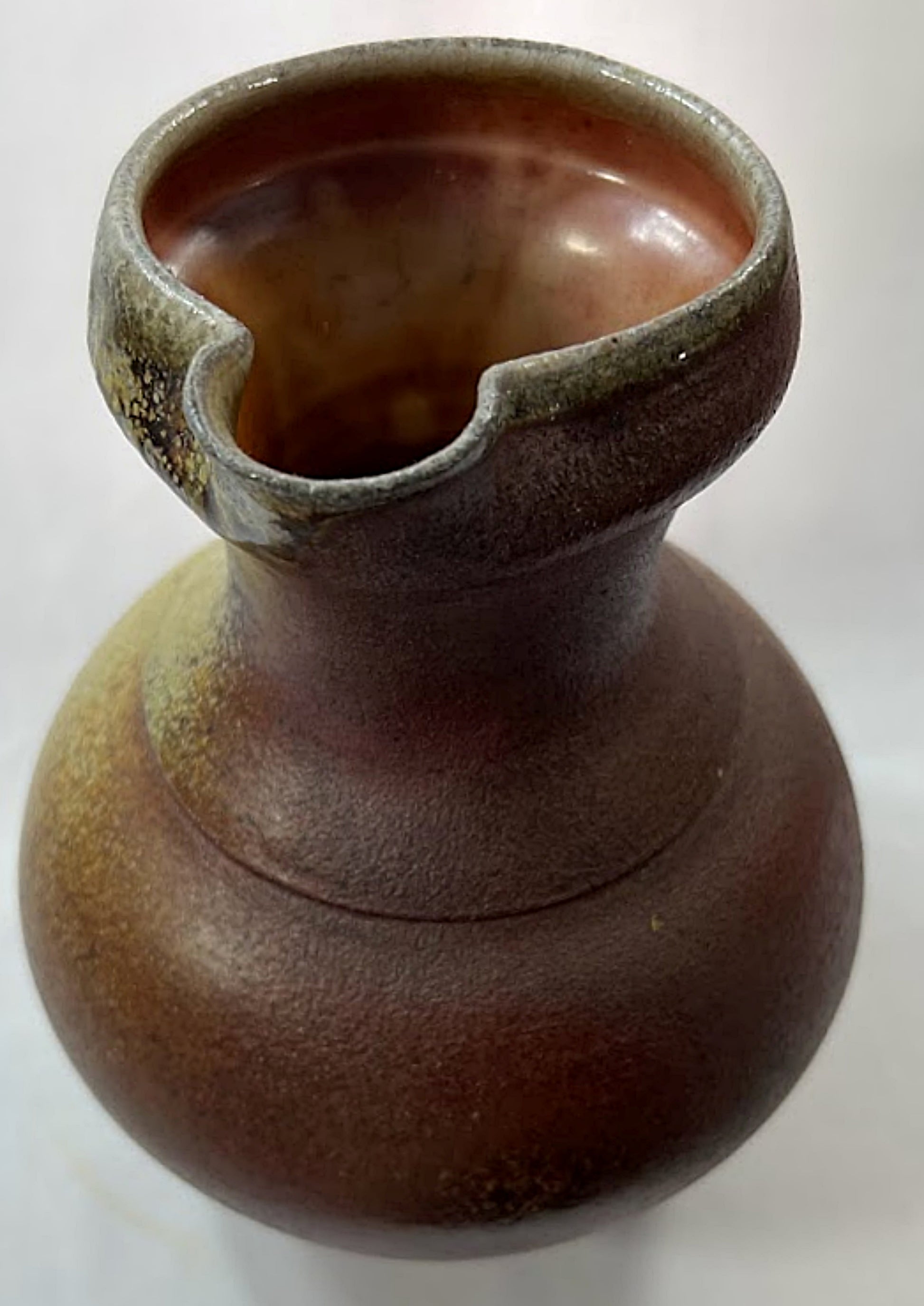 Vintage Studio Pottery Pitcher Salt and Ash Glazes Artist Monogrammed spout view