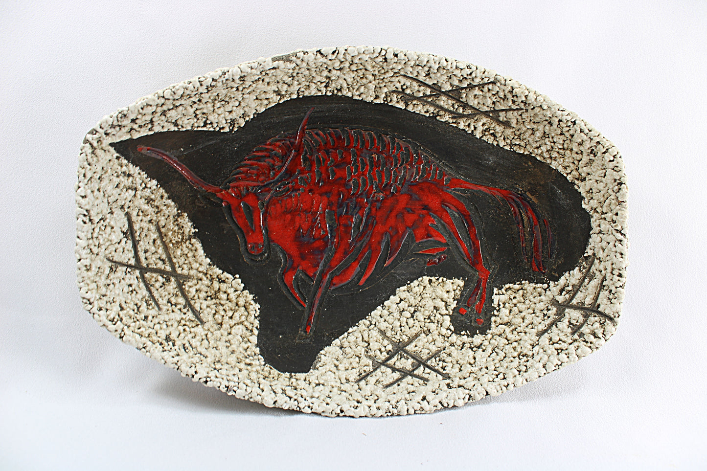 Vintage FAT LAVA POTTERY Bowl Mid Century Modern with Red Bull Motif