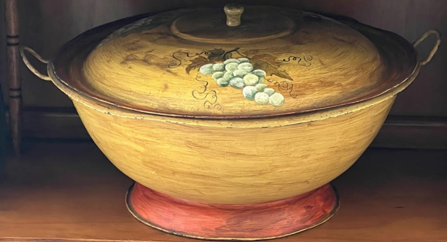 ANTIQUE Lidded Tin DOUGH RISER Large Tole Painted