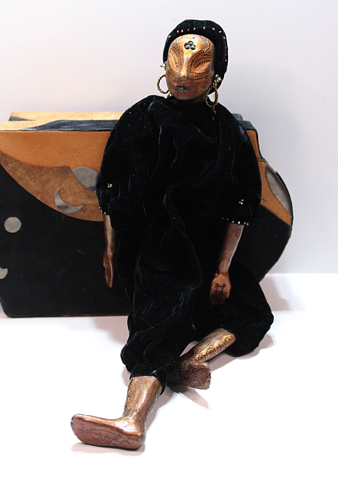 Vintage Art Doll African Handmade with Suede Storage Box Artist Signed 1998
