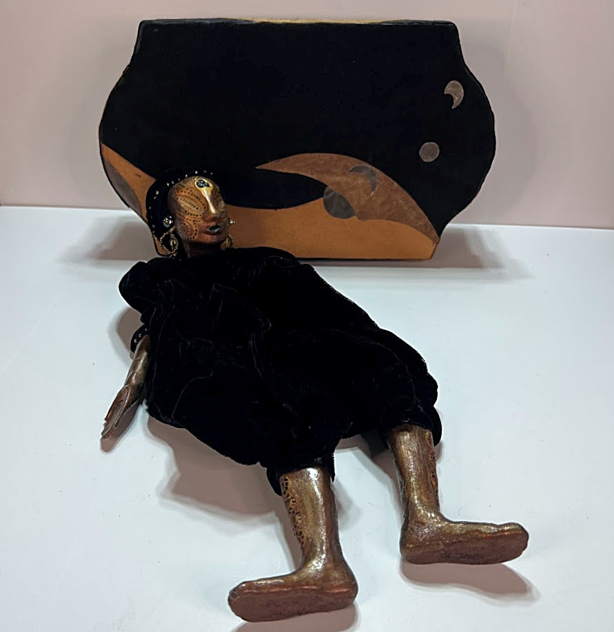 Vintage Art Doll African Handmade with Suede Storage Box Artist Signed 1998