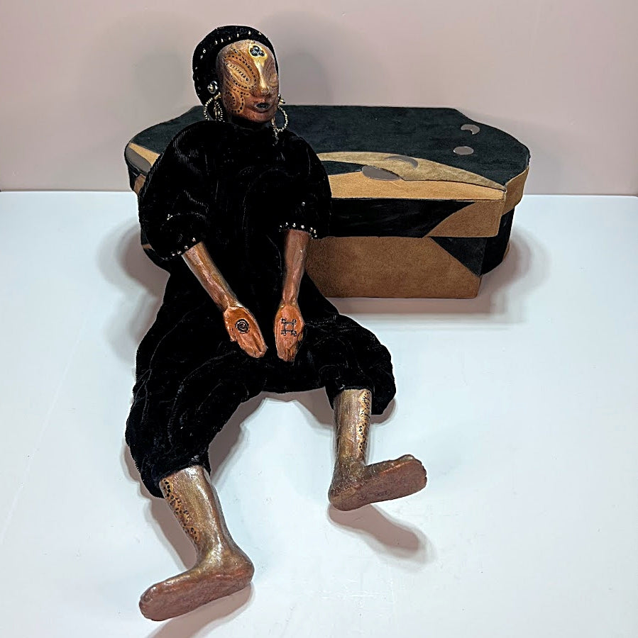 Vintage Art Doll African Handmade with Suede Storage Box Artist Signed 1998