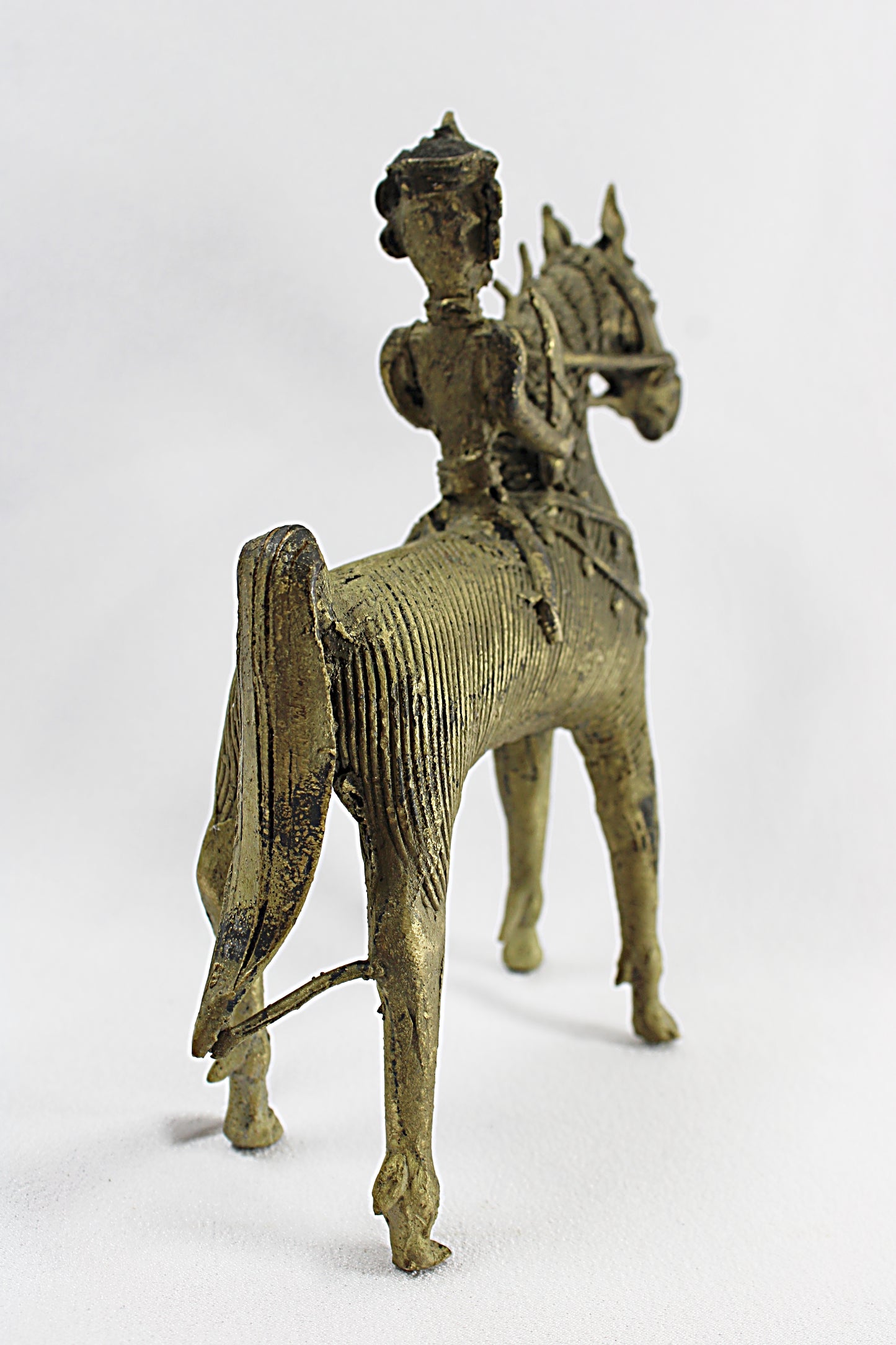 ANTIQUE BRASS DHOKRA Horse and Warrior     tail view left