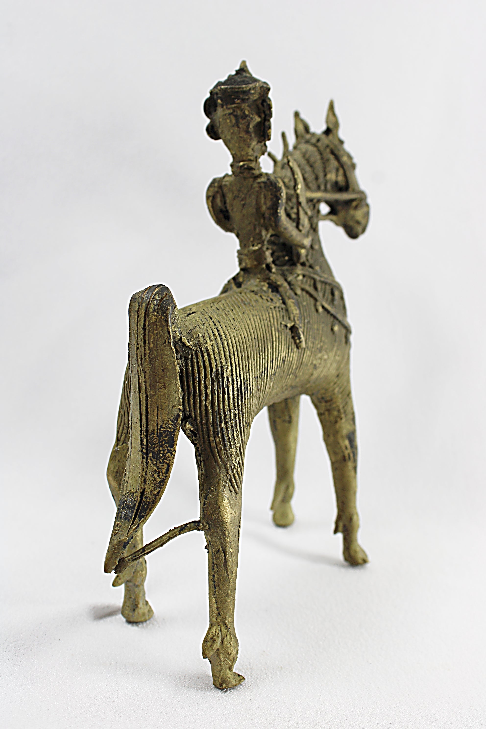 ANTIQUE BRASS DHOKRA Horse and Warrior     tail view left