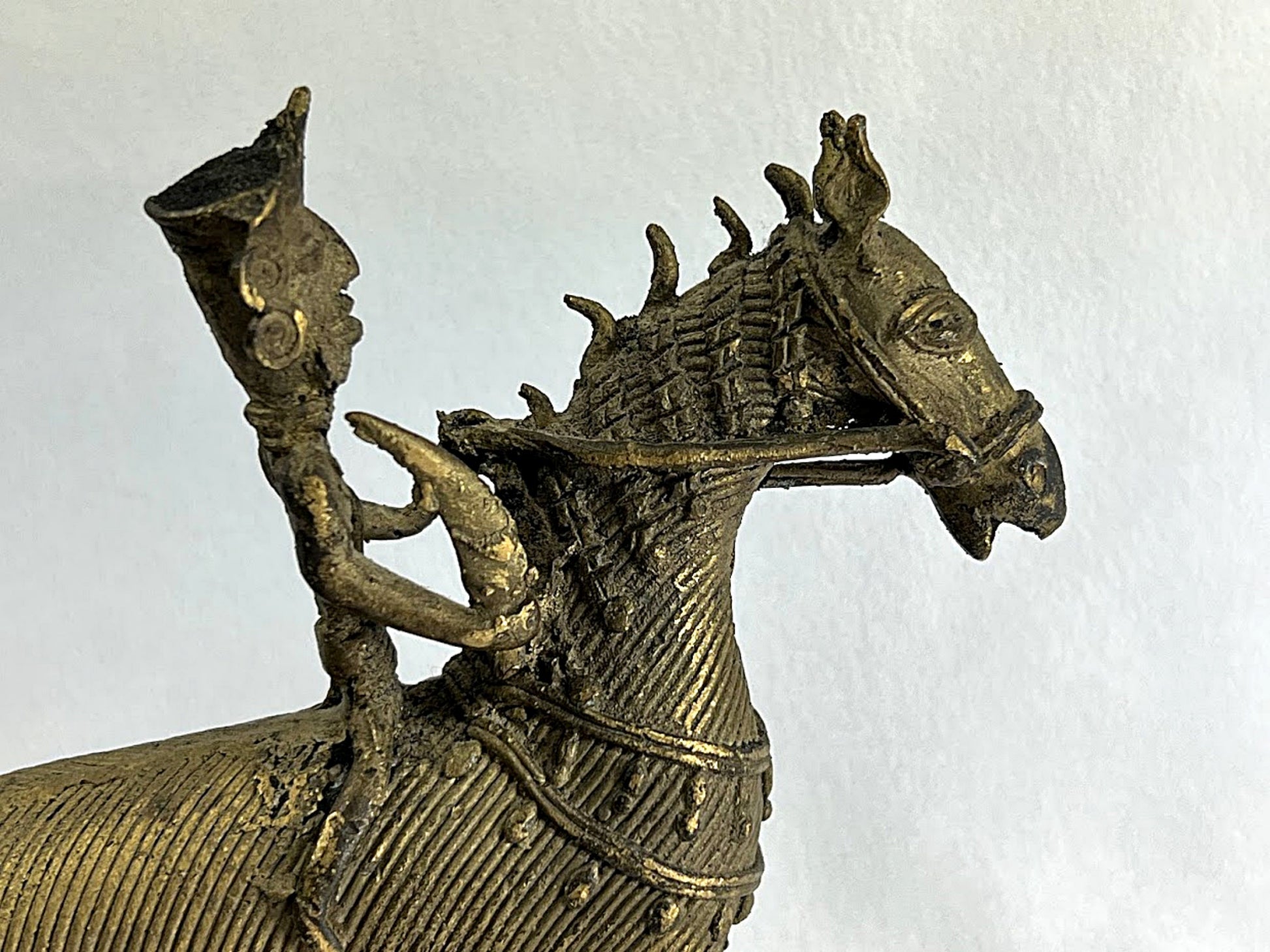 ANTIQUE BRASS DHOKRA Horse and Warrior     head closeup