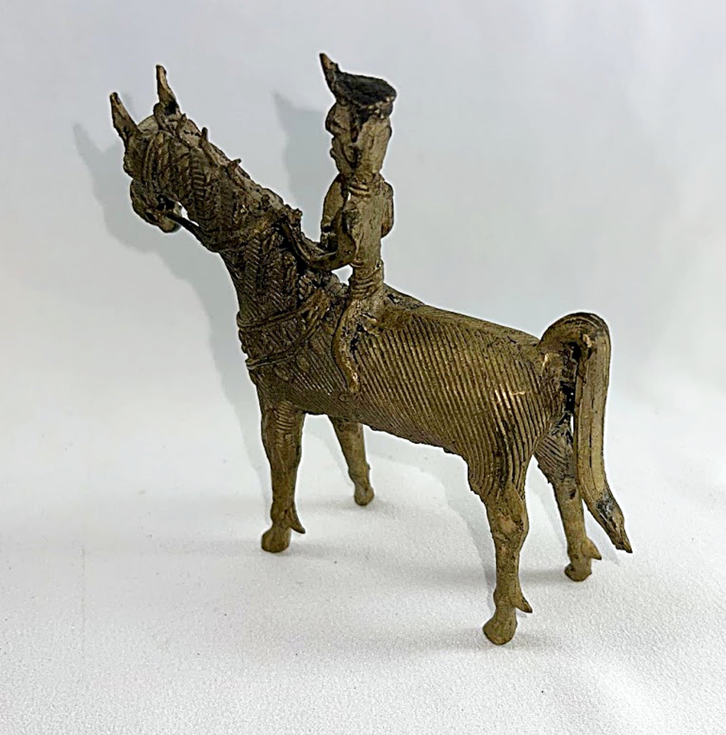 ANTIQUE BRASS DHOKRA Horse and Warrior Tail view    