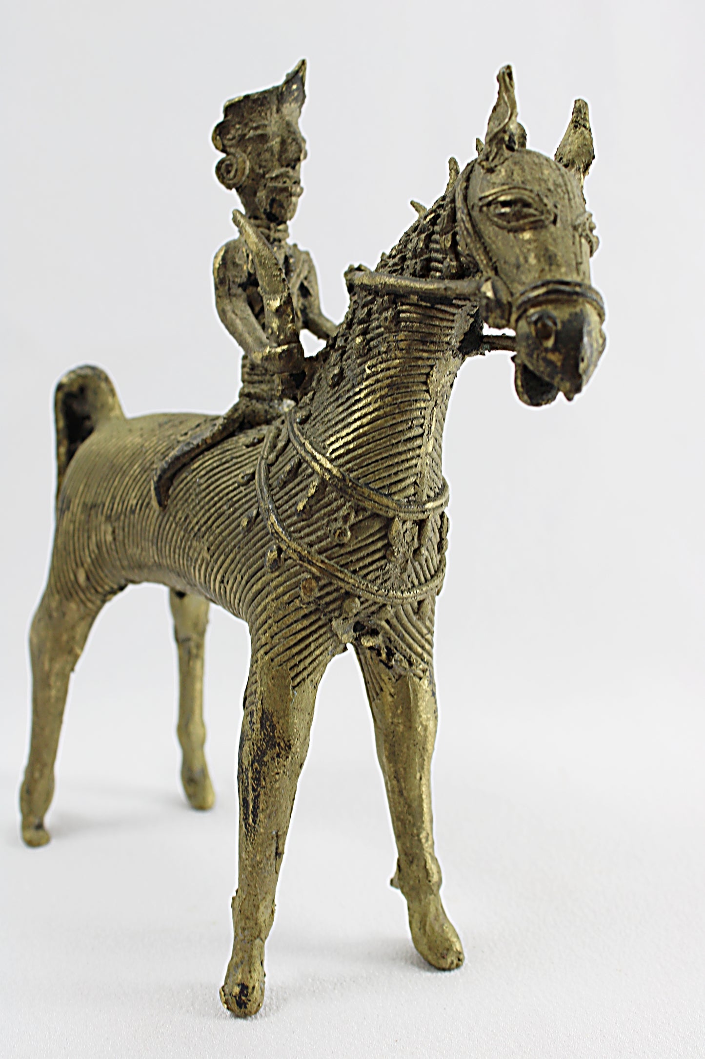 ANTIQUE BRASS DHOKRA Horse and Warrior facing front right